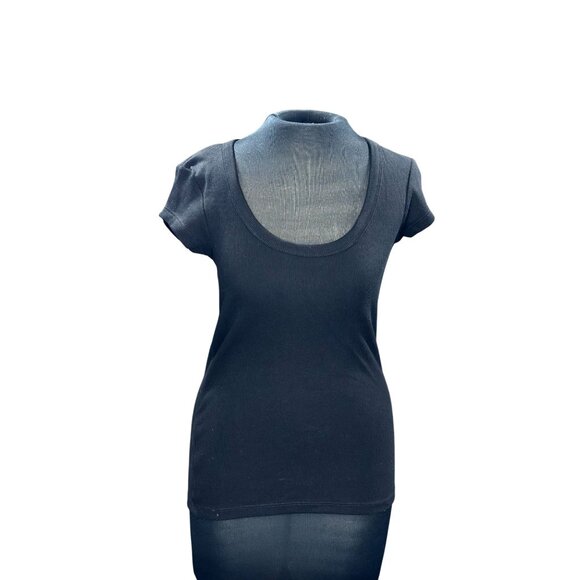 Topshop Black Ribbed Scoop Neck Short Sleeve T-Shirt Size S - Picture 1 of 11